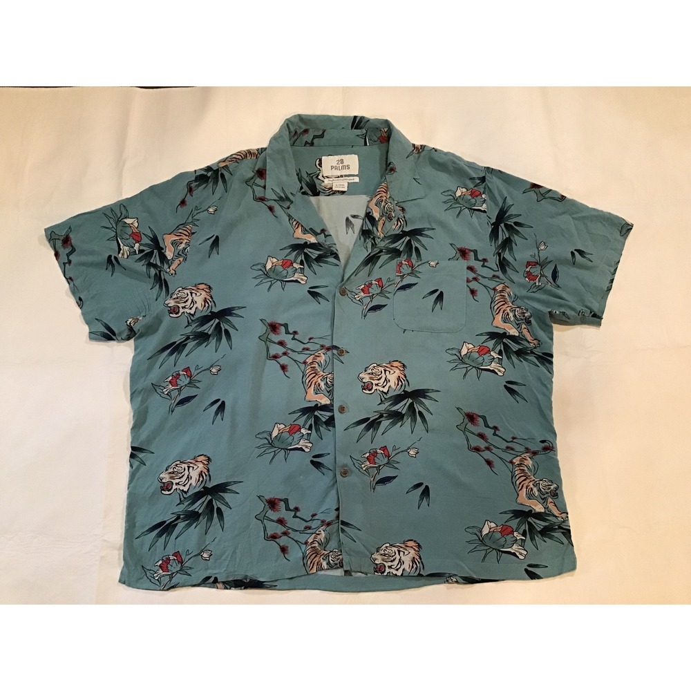 28 Palms Mens Hawaiian Shirt XL Teal Tiger Bamboo Lotus Print Crop Button Down - Picture 1 of 4
